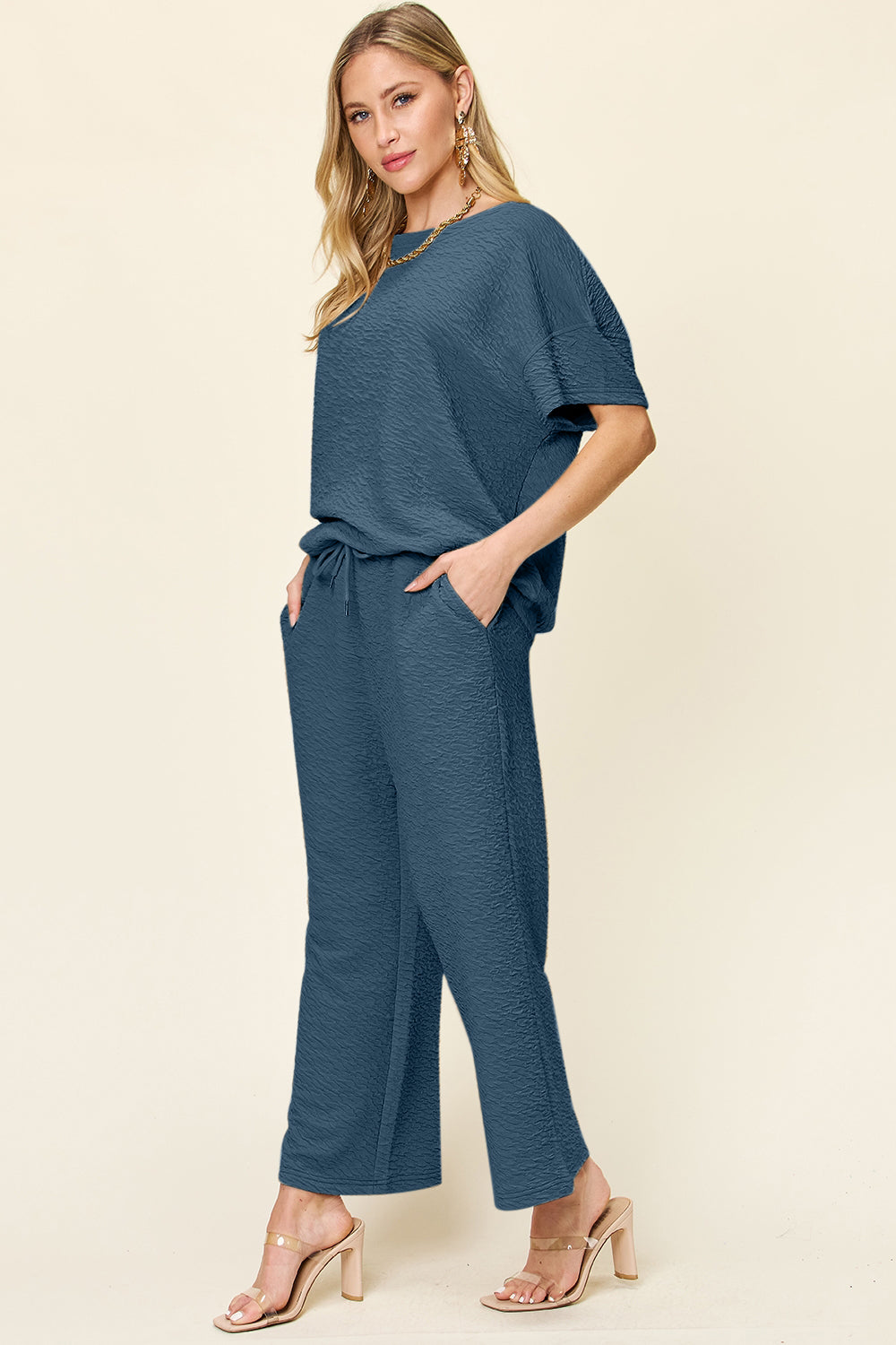 Hazel Blues® | Double Take Texture Short Sleeve Top and Pants Set