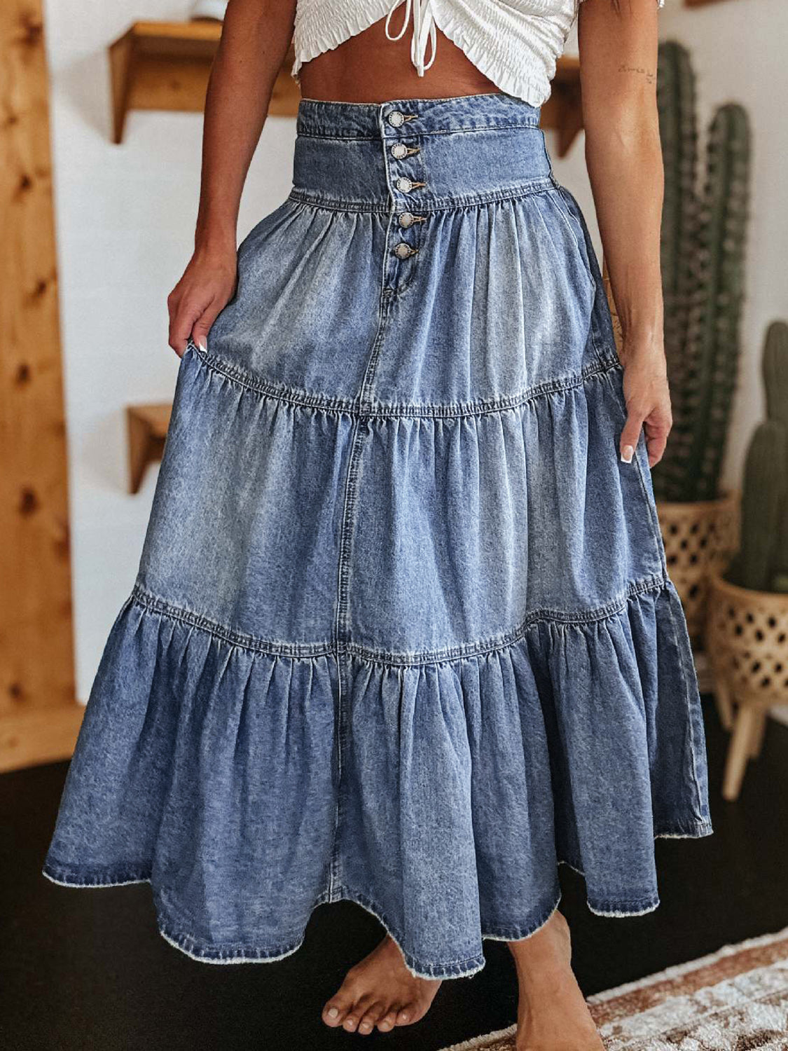 Hazel Blues® | Tiered Button-Fly Denim Skirt