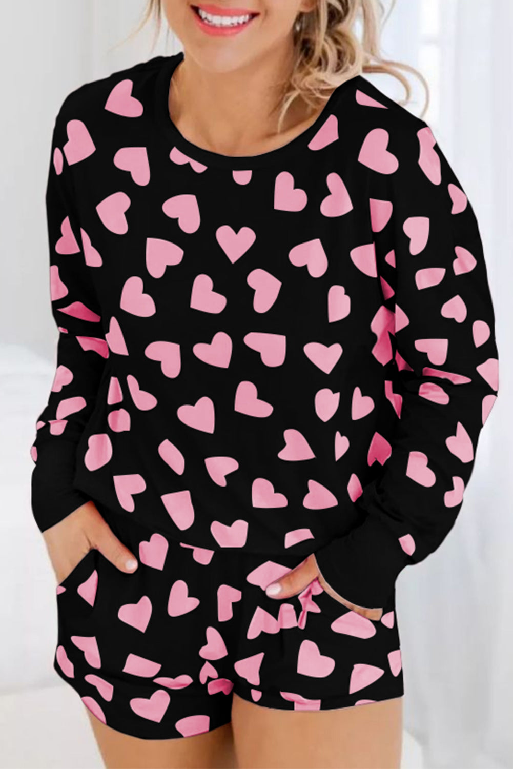 Hazel Blues® | Heart Print Long Sleeve Top and Shorts Lounge Set