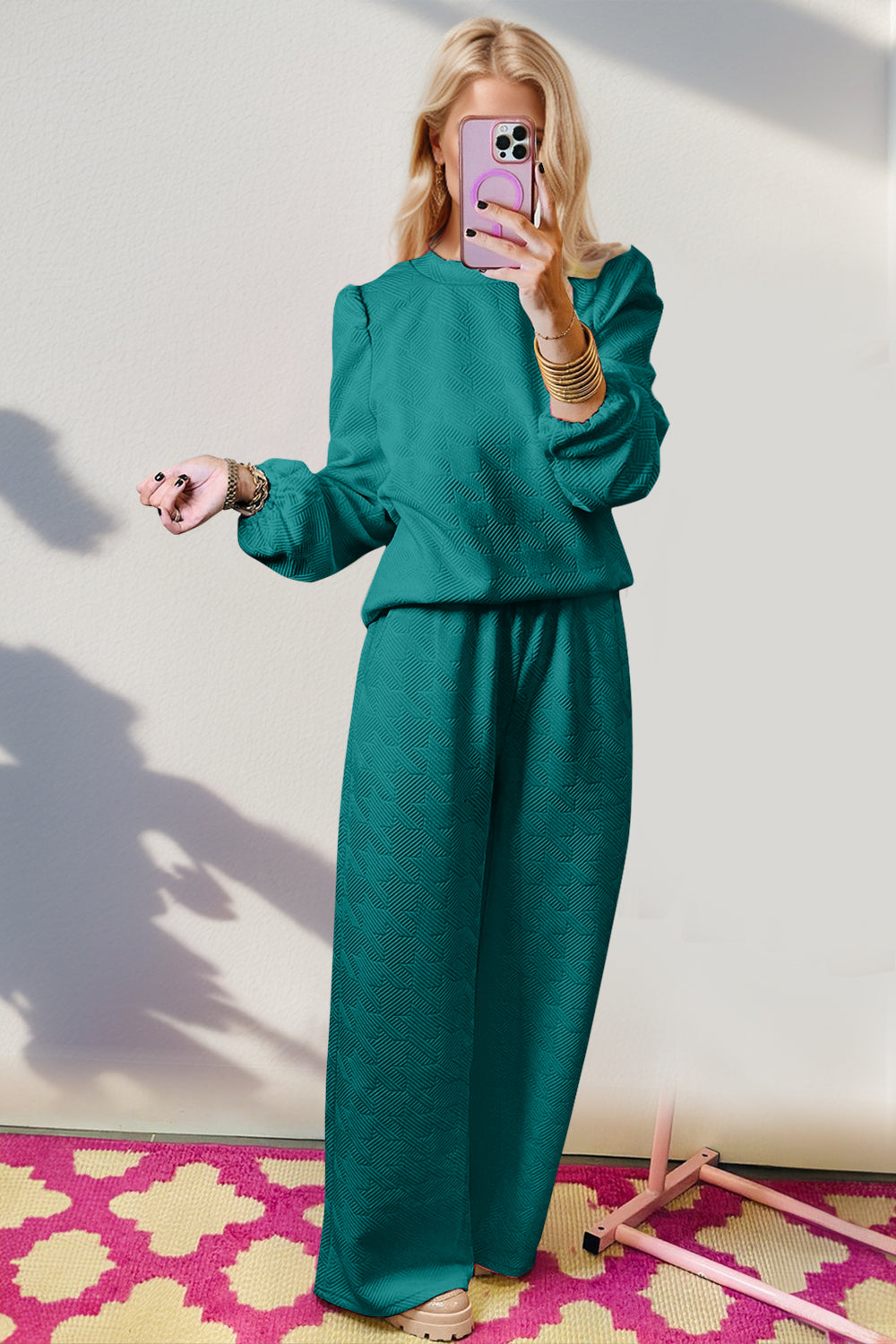 Hazel Blues® | Double Take Texture Long Sleeve Top and Wide Leg Pants Set