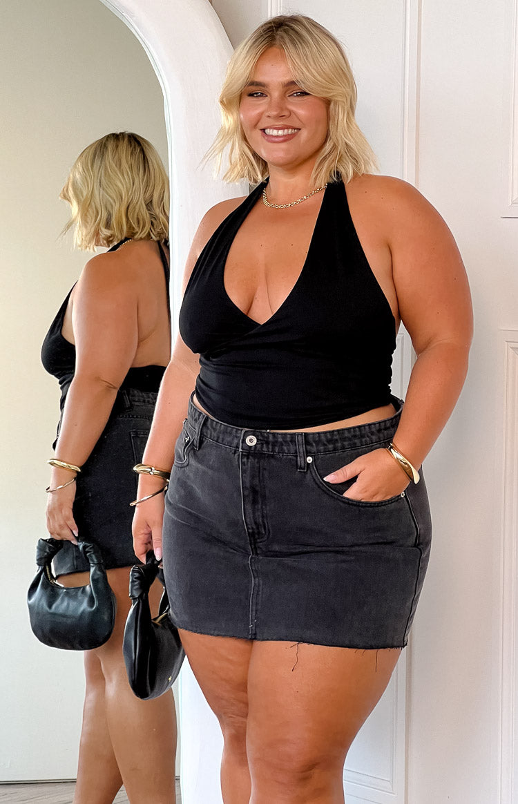 Siletto Black Denim Low Rise Mini Skirt