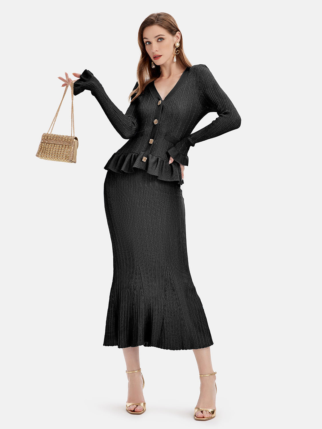 Hazel Blues® | Ruffled V-Neck Top and Midi Skirt Sweater Set