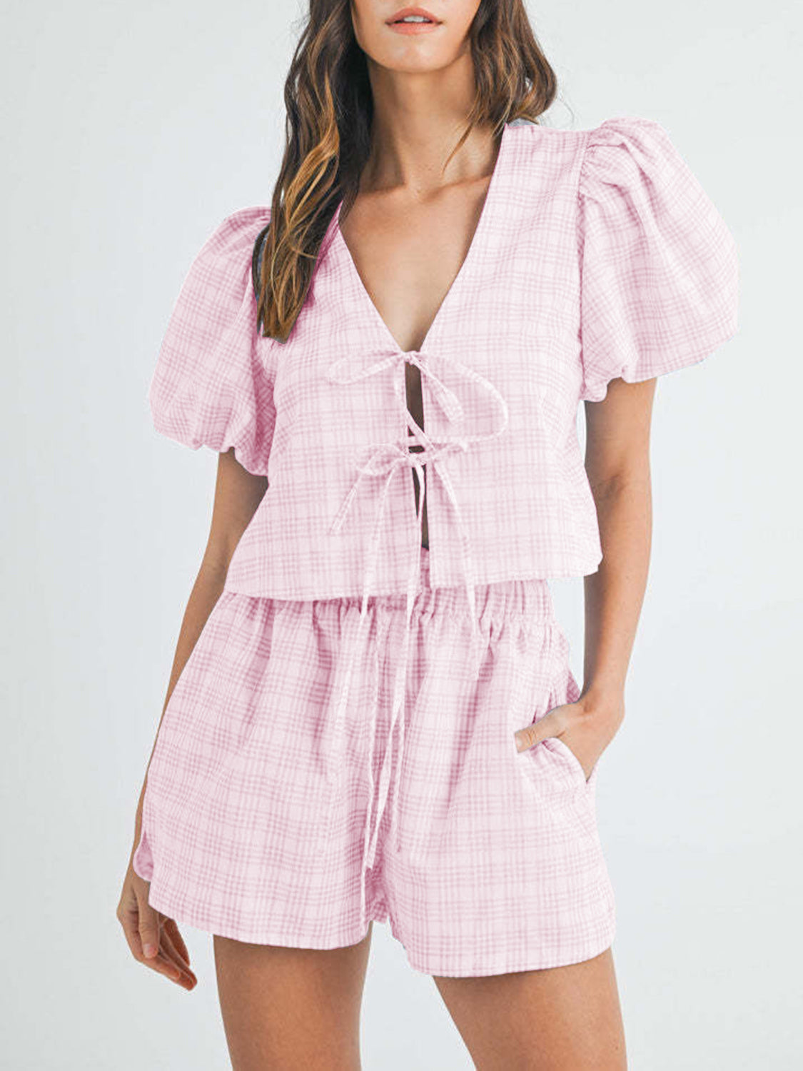 Hazel Blues® | V-Neck Puff Sleeve Top and Shorts Set