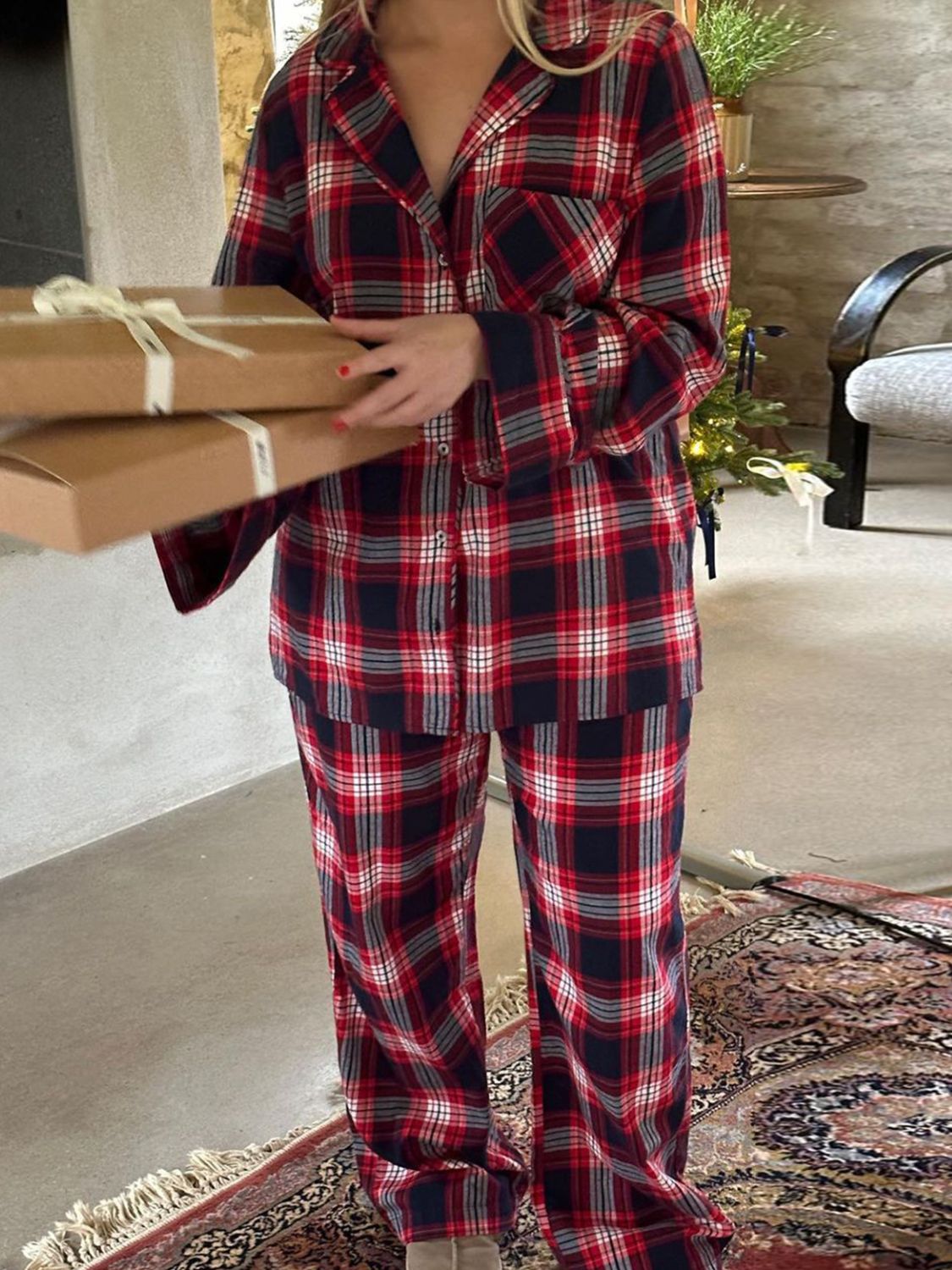 Hazel Blues® | Plaid Collared Neck Button Up Top and Pants Lounge Set