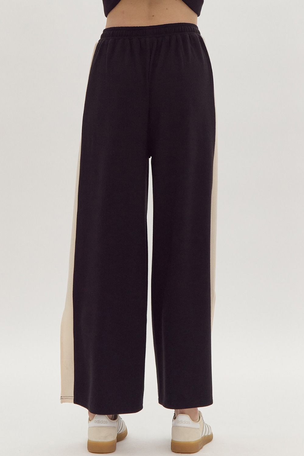 Hazel Blues® | Solid Ribbed Contrast Trim Wide Leg Pants in Black