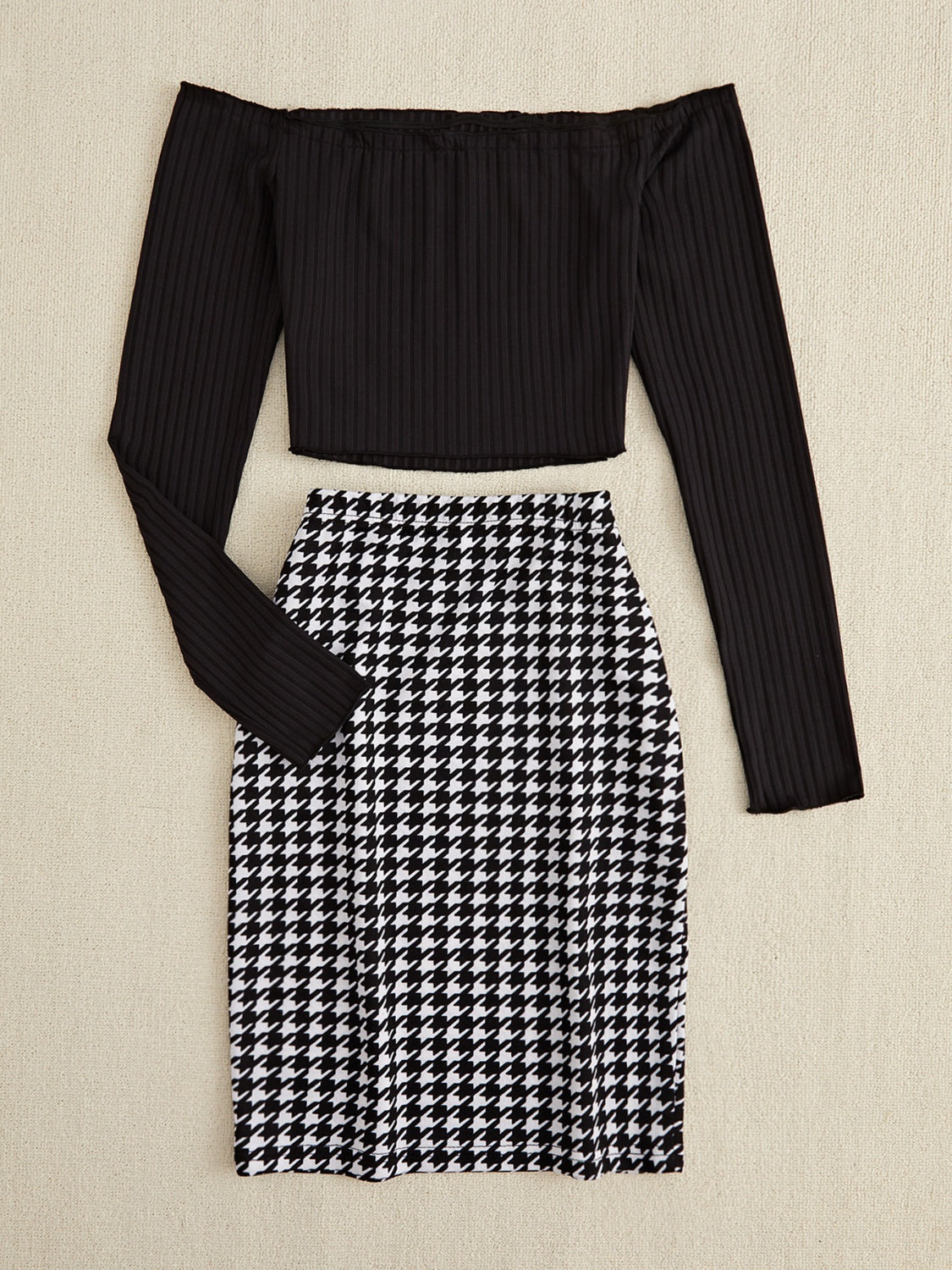 Hazel Blues® | Off-Shoulder Long Sleeve Top and Houndstooth Skirt Set