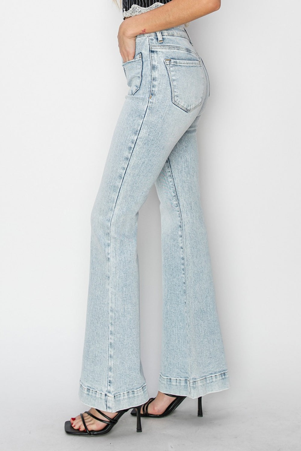 Hazel Blues® |  Risen High Rise Front Patch Pocket Flare Jeans
