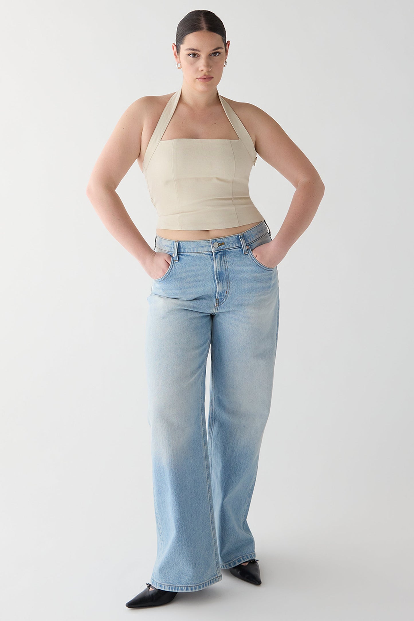 LINEN BLEND HALTER SQUARE NECK TOP
