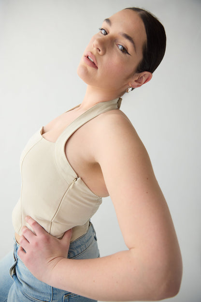 LINEN BLEND HALTER SQUARE NECK TOP