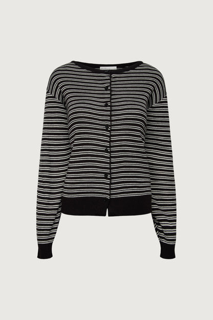 STRIPED ROUND NECK BUTTON UP CARDIGAN