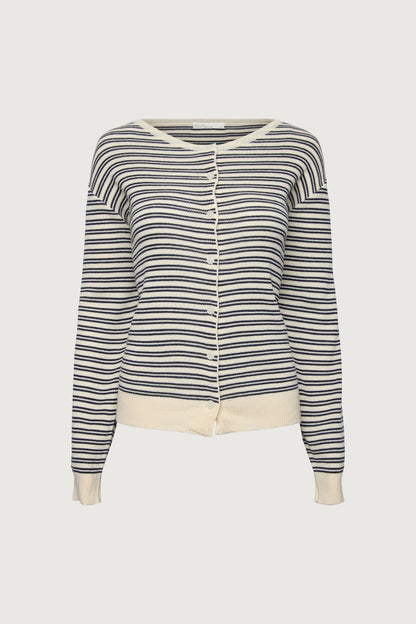 STRIPED ROUND NECK BUTTON UP CARDIGAN
