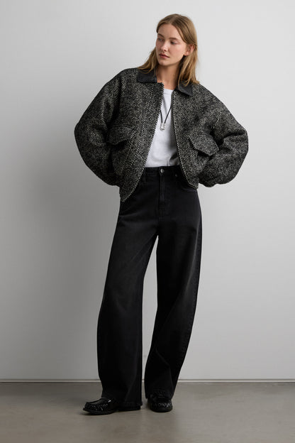 WOOL BLEND HERRINGBONE BOMBER JACKET
