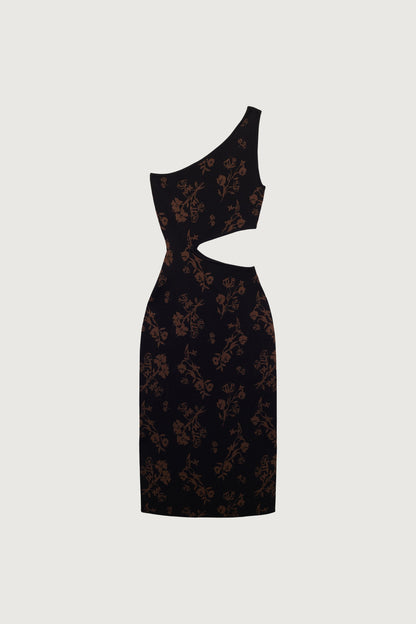 ONE SHOULDER KNIT FLORAL MIDI DRESS WITH CUTOUT