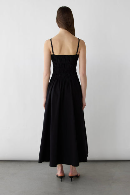 SHIRRED COTTON POPLIN MIDI DRESS