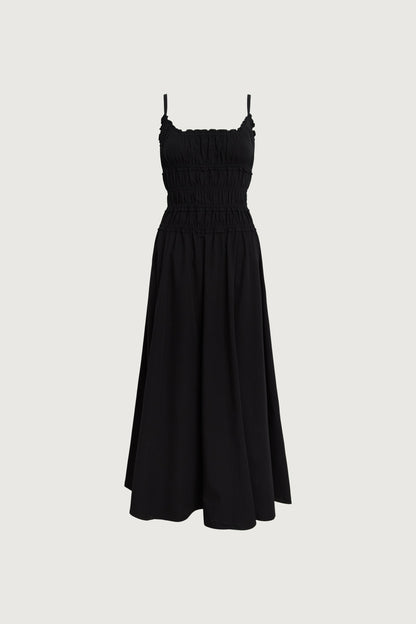 SHIRRED COTTON POPLIN MIDI DRESS