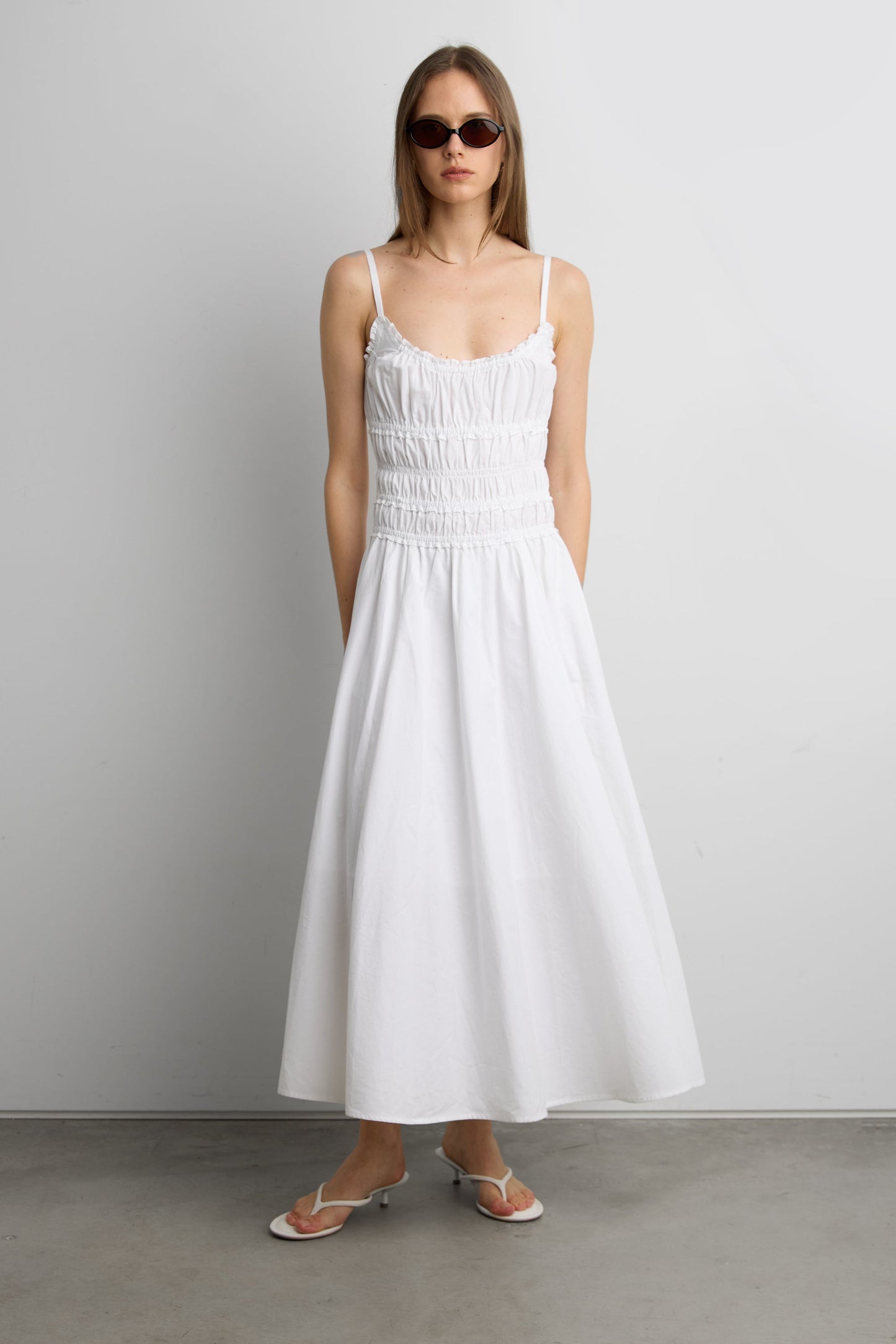 SHIRRED COTTON POPLIN MIDI DRESS