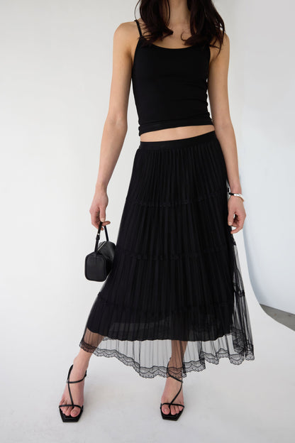 SHEER LACE TIERED MAXI SKIRT