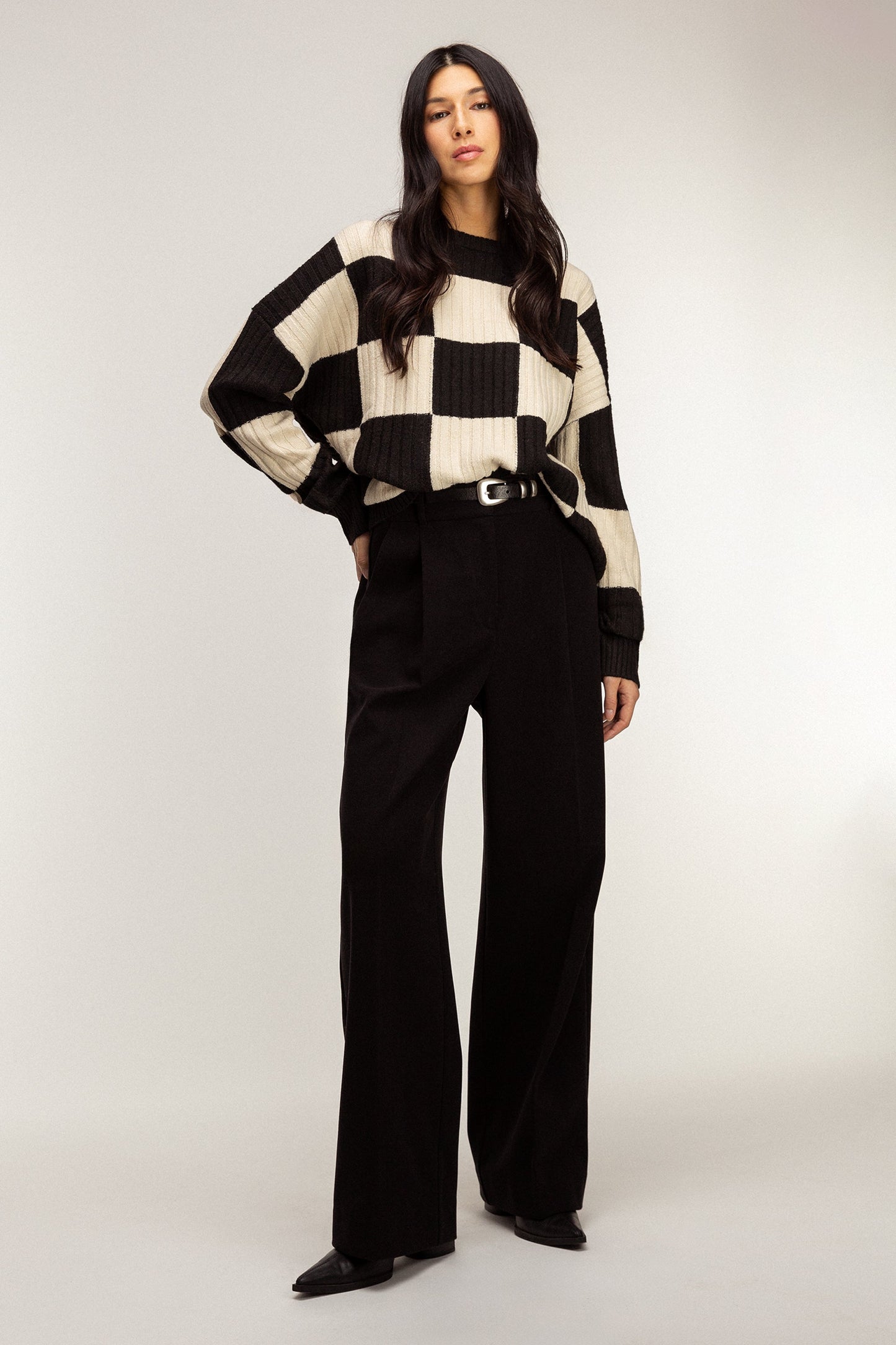 RIB-KNIT CHECKERED SWEATER