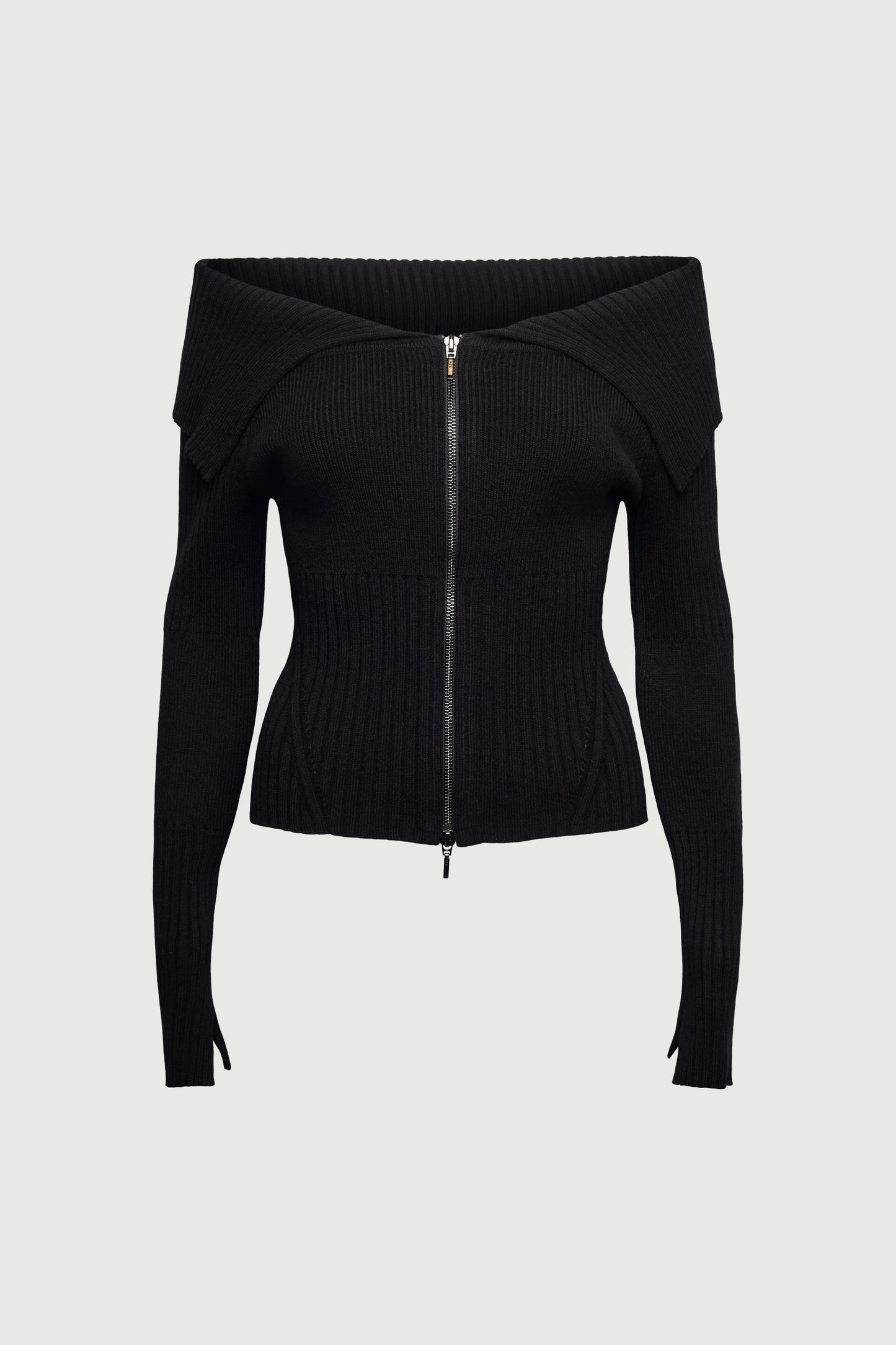 TWO-WAY ZIP FRONT OFF SHOULDER SWEATER