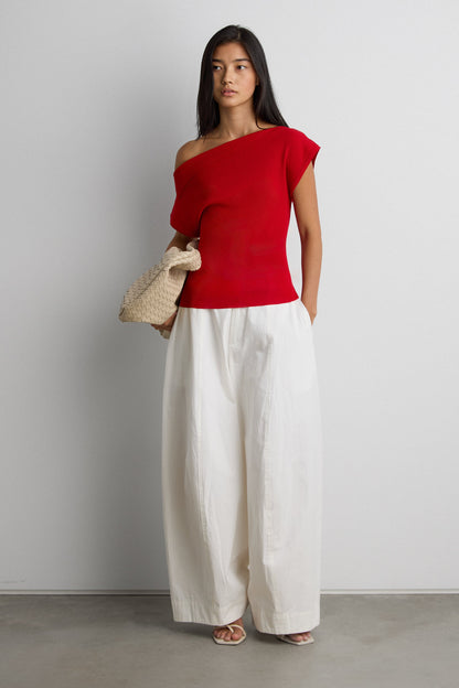 ASYMMETRICAL OFF THE SHOULDER CAP SLEEVE SWEATER