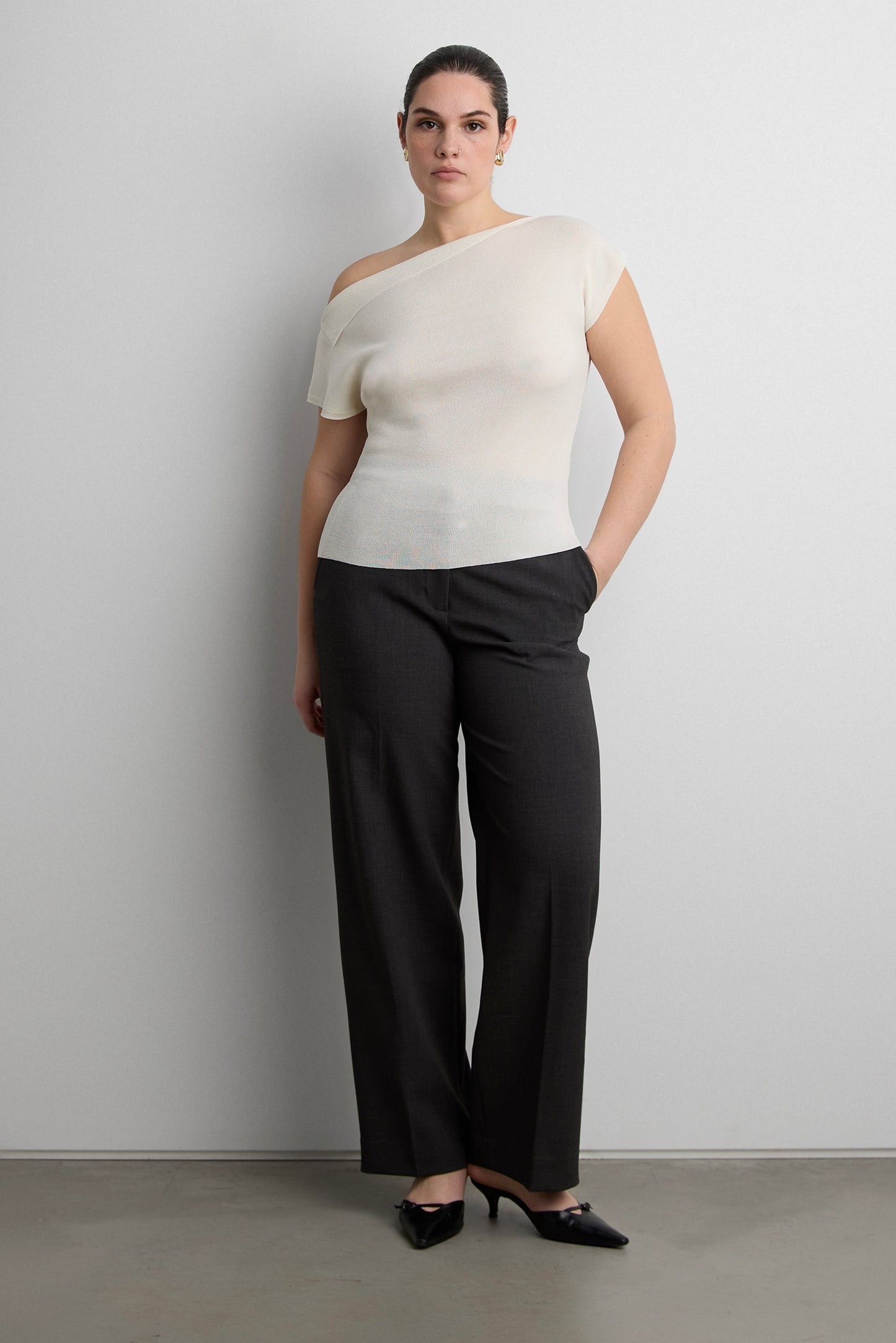 ASYMMETRICAL OFF THE SHOULDER CAP SLEEVE SWEATER