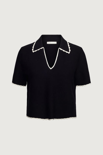 CROPPED COLLARED V-NECK SHORT SLEEVE SWEATER