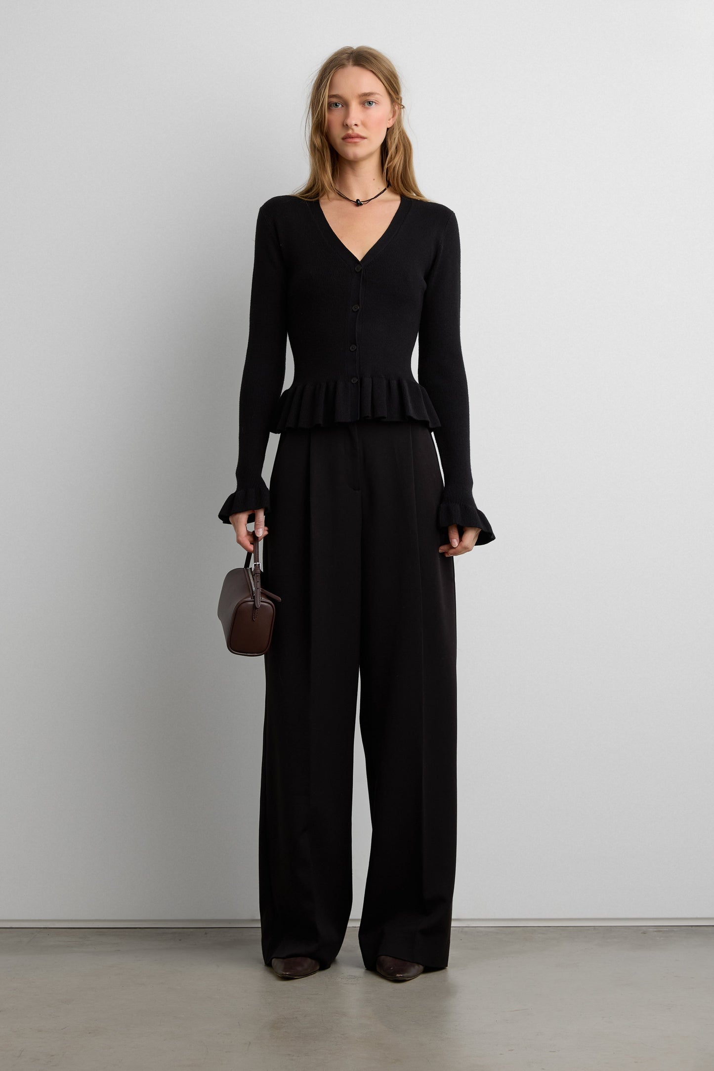 RIB-KNIT RUFFLED BUTTON FRONT CARDIGAN