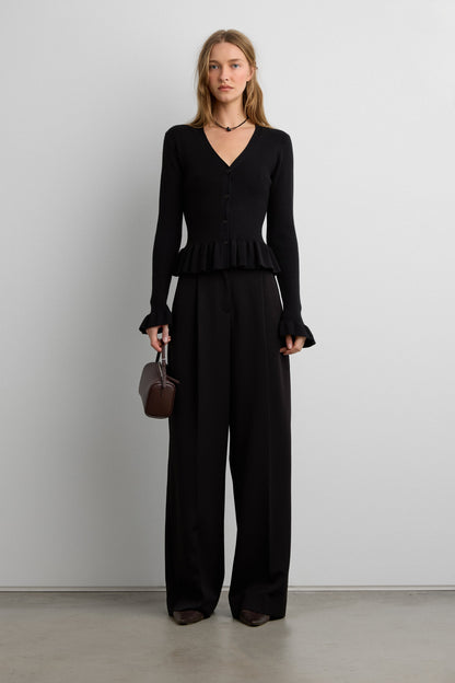 RIB-KNIT RUFFLED BUTTON FRONT CARDIGAN