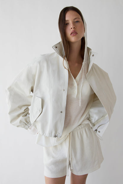 SHEER LINEN BLEND HOODIE WITH BUTTON FRONT