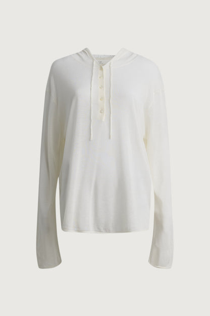 SHEER LINEN BLEND HOODIE WITH BUTTON FRONT