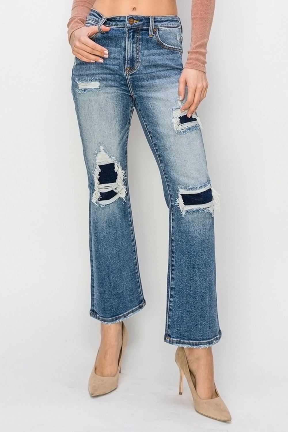 Hazel Blues® |  Risen High Rise Distressed Ankle Flare Jeans